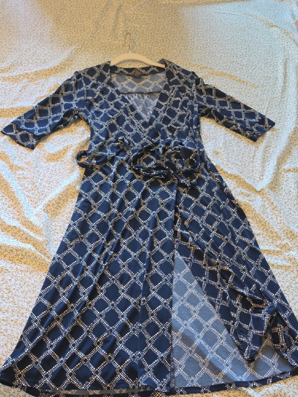 Navy and White Geometric Wrap Dress